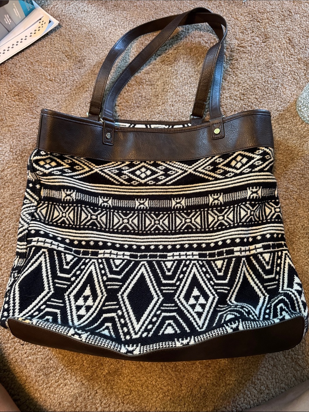 Thirty-One Black & Cream Patterned Tote Bag with Brown Trim